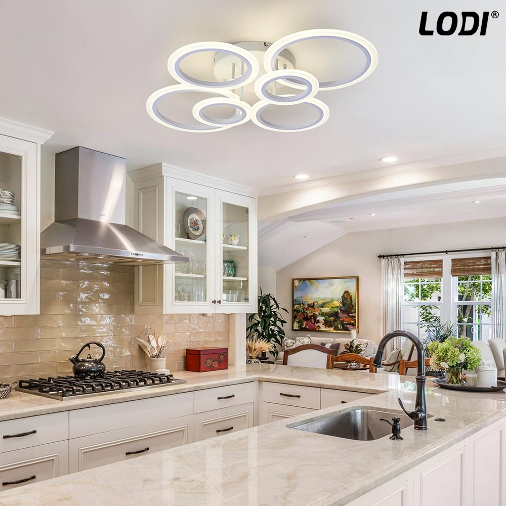 Lustra LED 6 Cercuri Lodi426, dimabila cu telecomanda, 3 tipuri de lumina, intensitate ajustabila, lumina alba rece, neutra, alba cald, putere 160 W, 55 cm