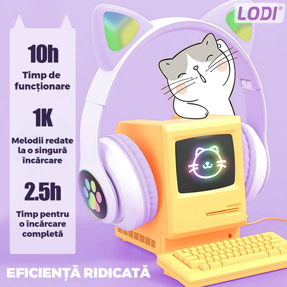 Casti Wireless Model Pisica Lodi947, STN-28, overear, urechi de pisica cu iluminare RGB, bluetooth 5.0, handsfree, HiFi, bass stereo, lila