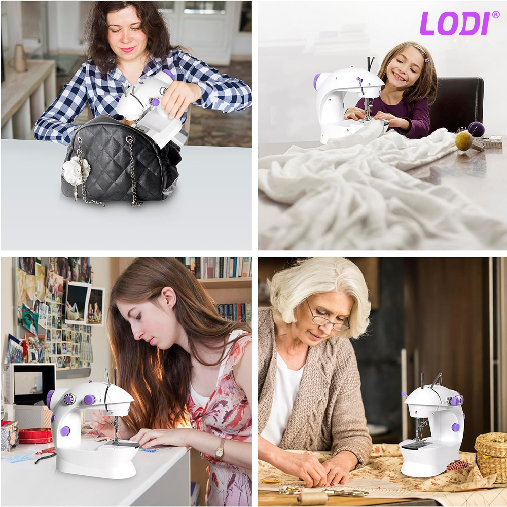 Mini Masina de Cusut XL Lodi1505, portabila, usor de utilizat, fara pedala, design ergonomic, iluminare, doua viteze de coasere, alimentare pe baterii sau la retea, reglare si tensionare a firului, 20 cm, alb/mov