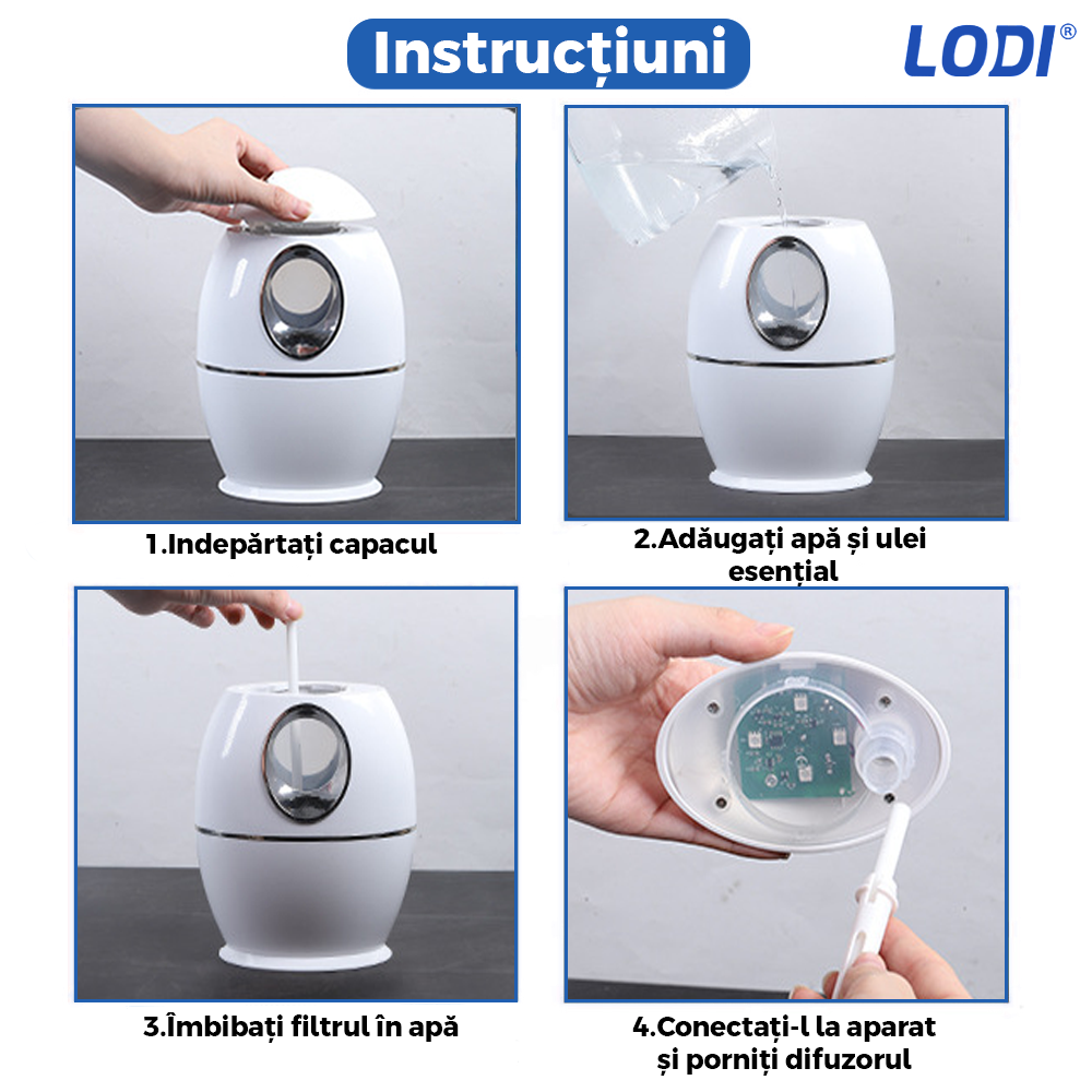 Difuzor Aromaterapie Lodi606, cu ultrasunete, design minimalist, 7 culori LED, 2 moduri de eliberare a aerului, capacitate 8000ml, silentios, umidifica aerul, alb
