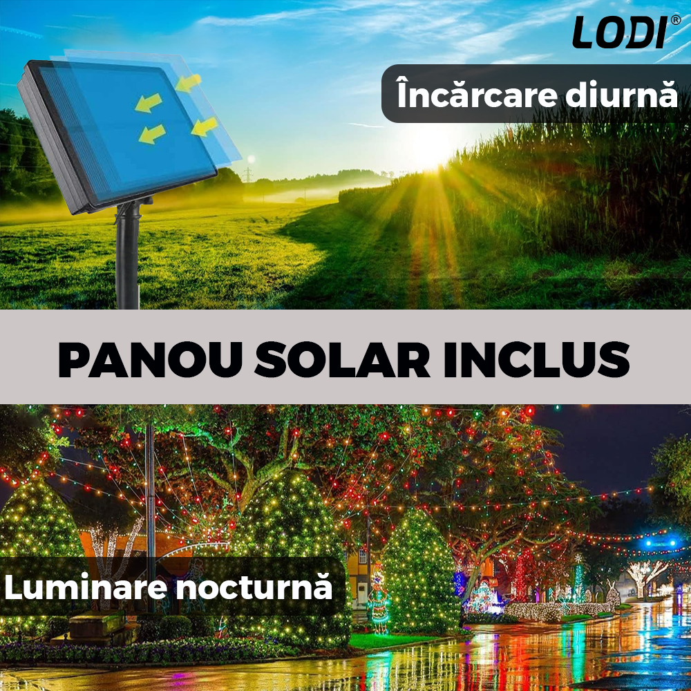 Instalatie de Craciun Liniara cu Panou Solar Lodi1459, 10 m, 8 jocuri de lumini, alimentare la priza, fir verde, interior/exterior, rezistenta la apa, 100 LED-uri, alb rece