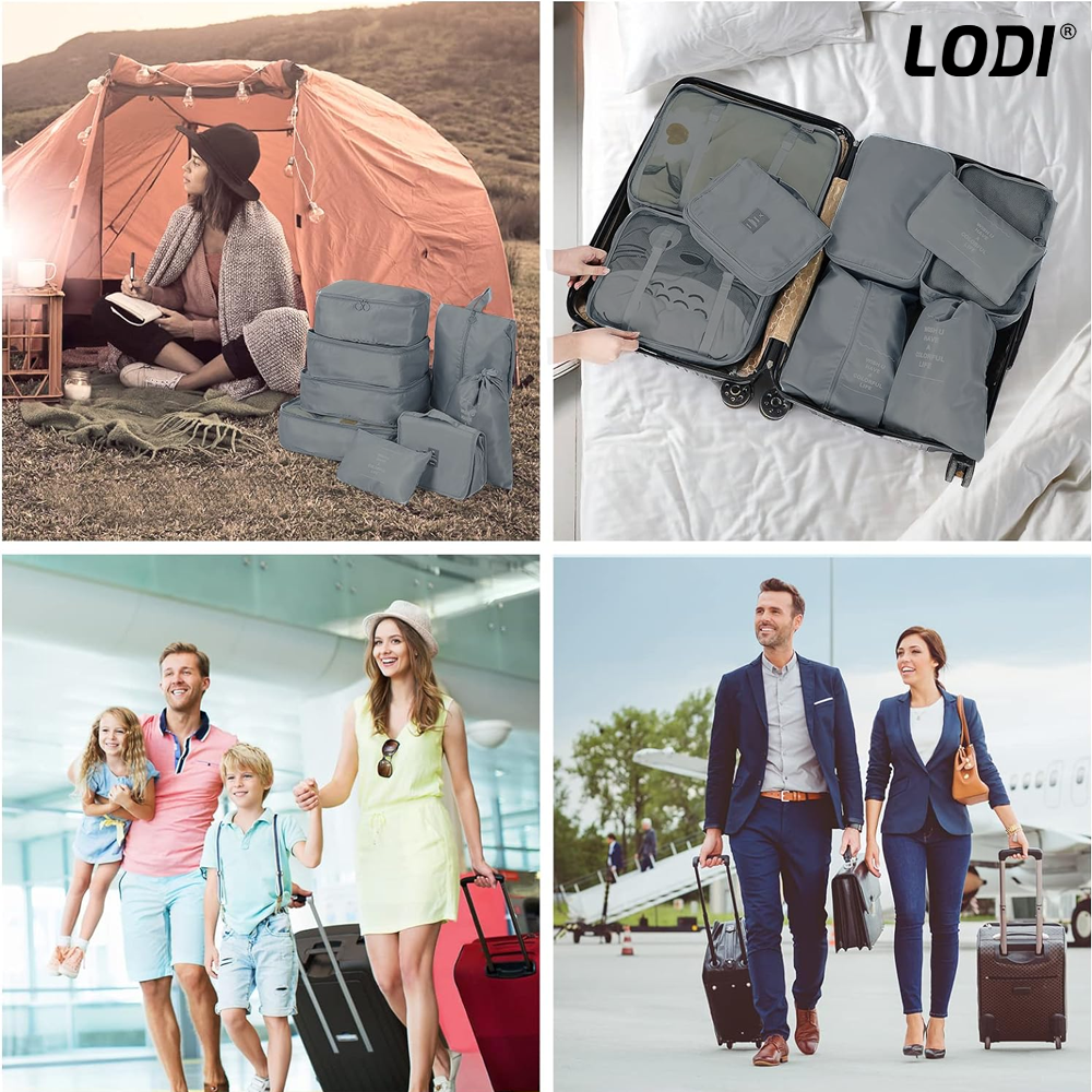 Set 8 Organizatoare Lodi673, pentru calatorie, diferite marimi, 3 genti cu plasa, 1 geanta pentru lenjerie, geanta pentru cosmetice, sac pentru hainele murdare, inchidere cu fermoar dublu, plasa, gri