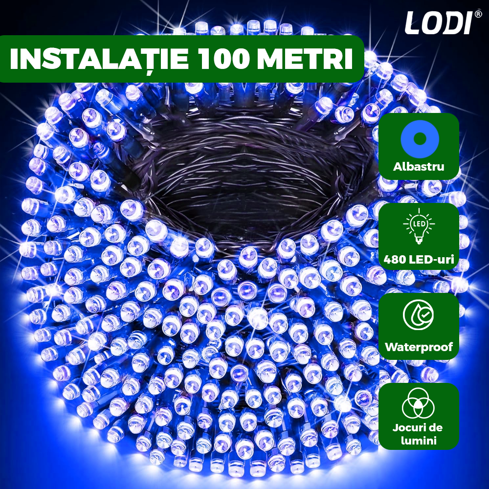 Instalatie de Craciun Liniara Lodi1448, 100 m, 8 jocuri de lumini, alimentare la priza, interior/exterior, rezistenta la apa, 480 LED-uri, albastru