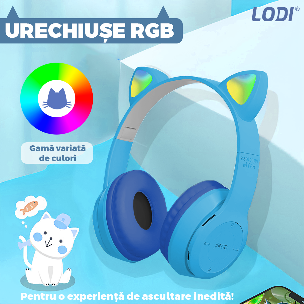 Casti Wireless Model Pisica Lodi955, P47M, overear, urechi de pisica cu iluminare RGB, bluetooth 5.0, handsfree, HiFi, bass stereo, albastru deschis