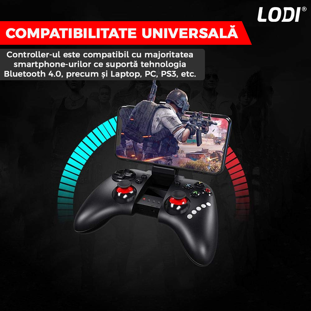 Controller Gamepad 3in1 Lodi463, Bluetooth, compatibil IOS/Android/PC, autonomie 20 ore, suport telefon reglabil, multiple functii, Negru
