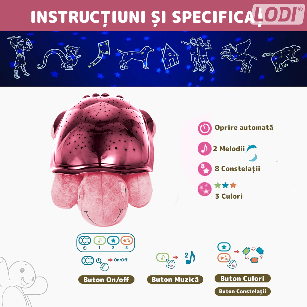Lampa de Veghe Testoasa Lodi1423, proiector de lumini, 8 constelatii, lumina RBG, 2 cantece de adormit copiii, pufoasa si moale, mod inchidere automata, roz
