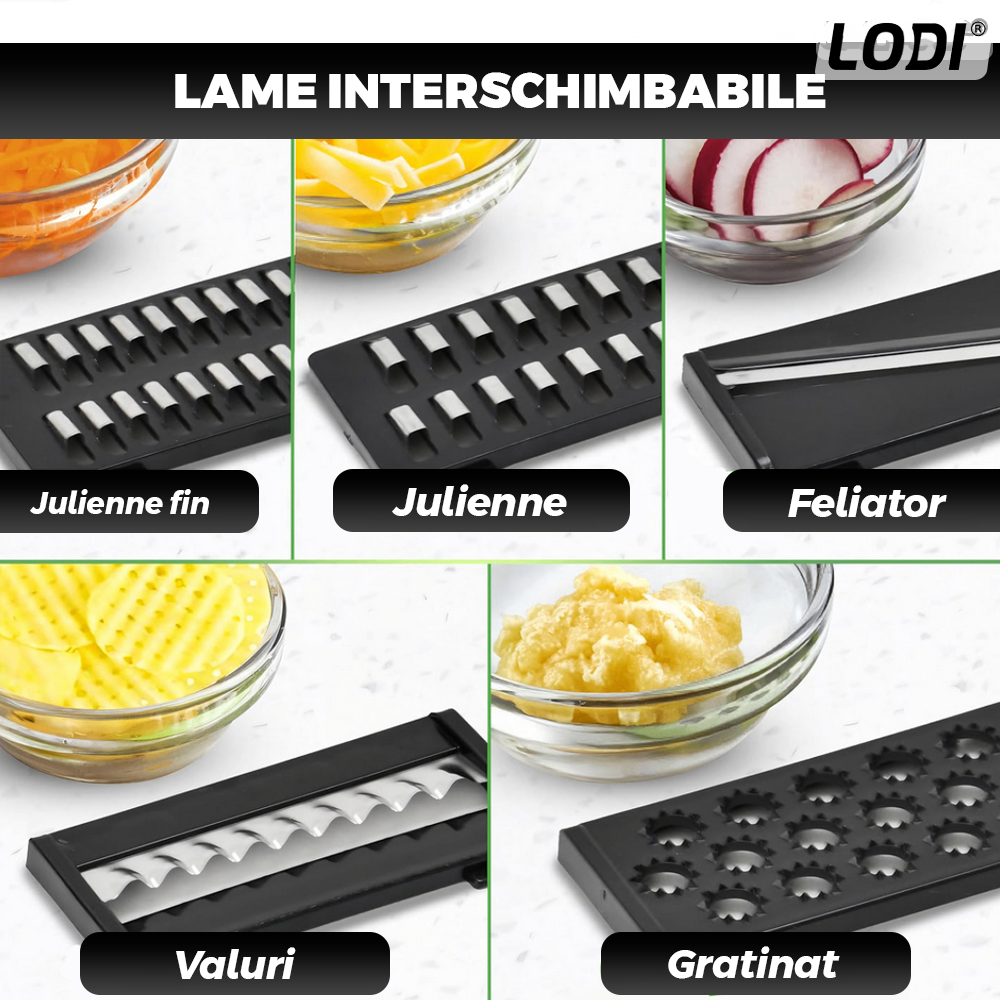 Strecuratoare 2 in 1 Lodi1453, razatoare incorporata, bol de scurgere, rotire 360°, 7 lame diferite, maner anti-alunecare, curatator de legume si fructe inclus, alb/negru