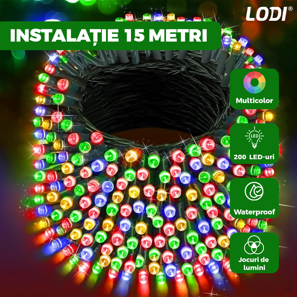Instalatie de Craciun Liniara Lodi1456, 15 m, 8 jocuri de lumini, alimentare la priza, interior/exterior, rezistenta la apa, 200 LED-uri, multicolor