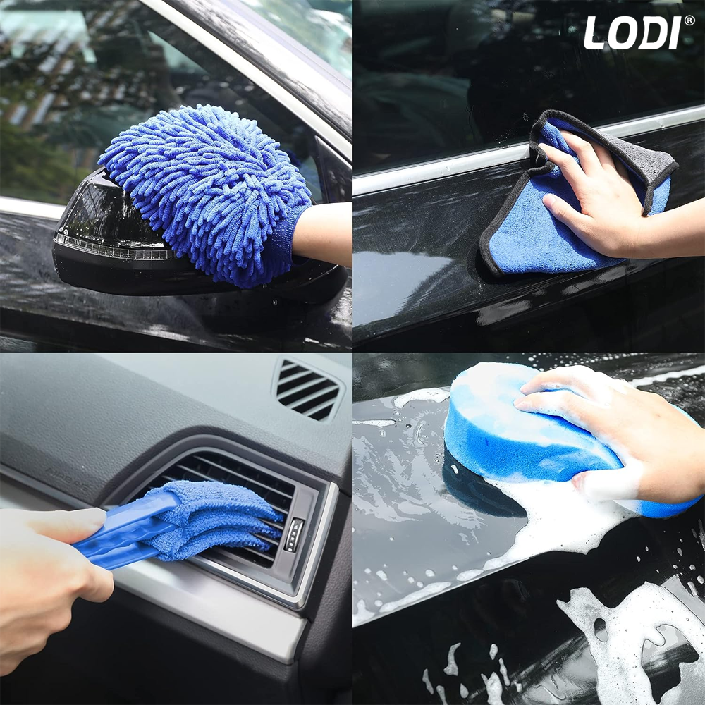 Set Premium 26 Piese Detailing Auto Lodi677, curatare masina Interior-exterior, 5 pensule detaliu, burete aplicator, laveta microfibra, perii aer conditionat, perii de zimtate, manusa microfibra fata-verso, albastru