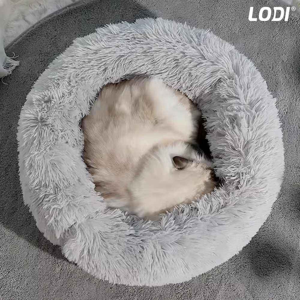Pat Animale Lodi49, captusit, moale, pufos si calduros, pentru caini si pisici, diametru 100cm, baza anti-alunecare, gri