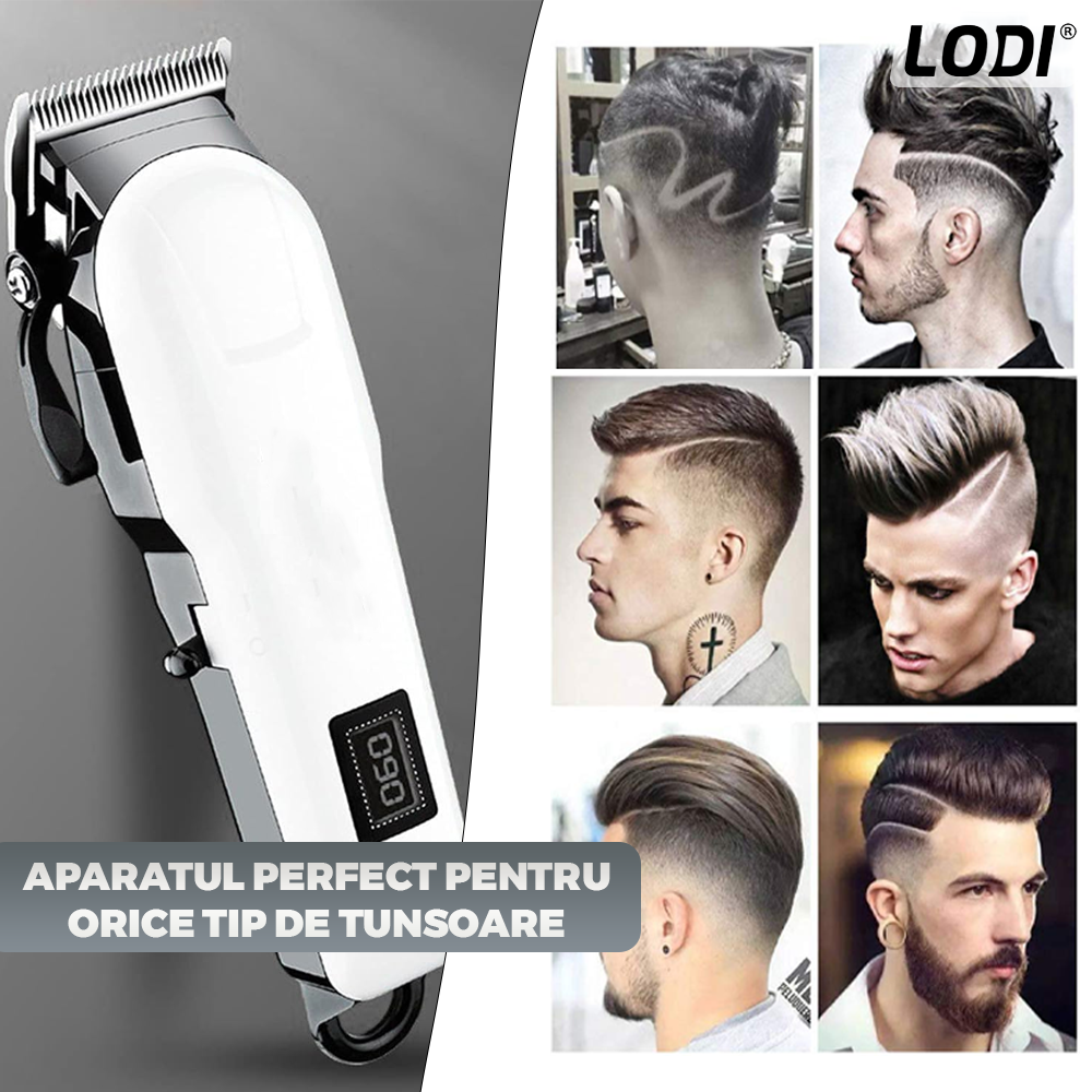 Aparat de tuns barba Lodi979, afisaj digital, 4 piepteni inclusi, incarcare la retea, lame ascutite, usor de curatat, trimmer profesional, alb