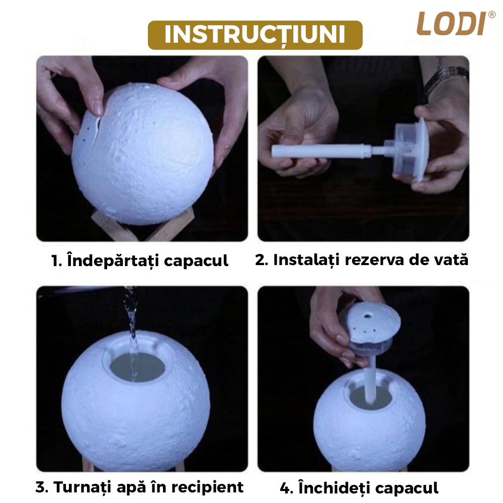 Difuzor Aromaterapie 2in1 Lodi229, 3 moduri de iluminare, capacitate 1500ml, lampa de veghe, silentios, alimentare USB, model luna, umidifica aerul, alb