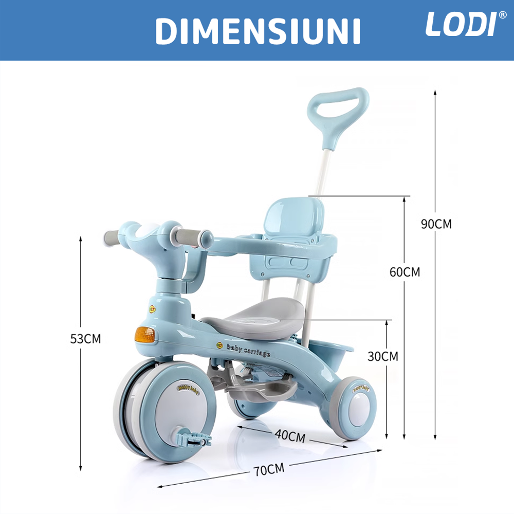 Tricicleta Multifunctionala Lodi1106, structura stabila, pedale anti-derapante, suport picioare, cosulet pe spate, spatar detasabil, parasolar, muzica incorporata, albastru