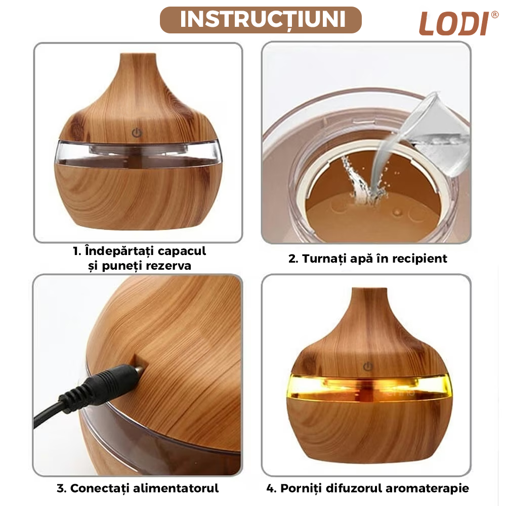 Difuzor Aromaterapie Lodi209, 7 culori LED, lumini dinamice, control tactil, capacitate 200ml, silentios, rezerva inclusa, umidifica aerul, stejar deschis