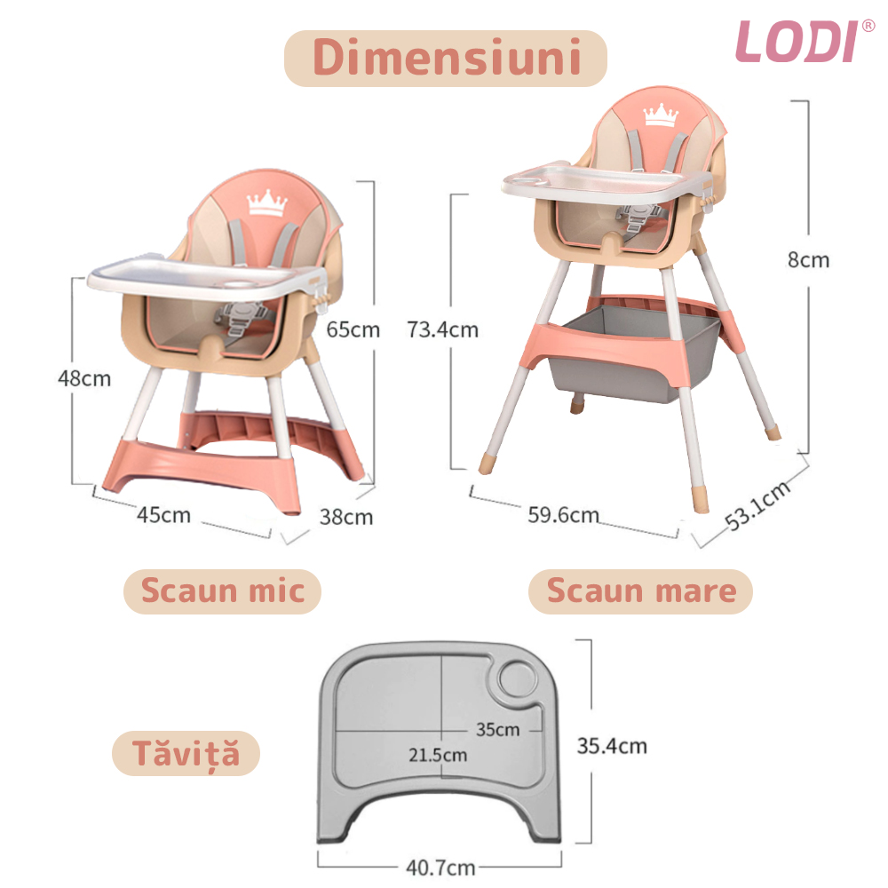 Scaun de Masa 3in1 pentru Bebelusi si Copii Lodi90, inaltime ajustabila, centura de siguranta in 5 puncte, tavita reglabila si detasabila, loc depozitare jucarii, roz