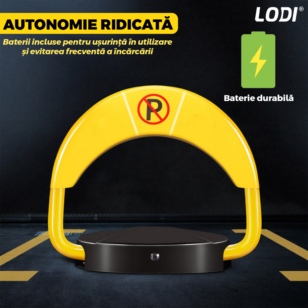 Blocator Parcare Automat Lodi674, pentru loc parcare si alee, cu telecomanda si alarma, greutate suportata 2 tone, material rezistent, anti-rugina, alimentare pe baterii, negru/galben