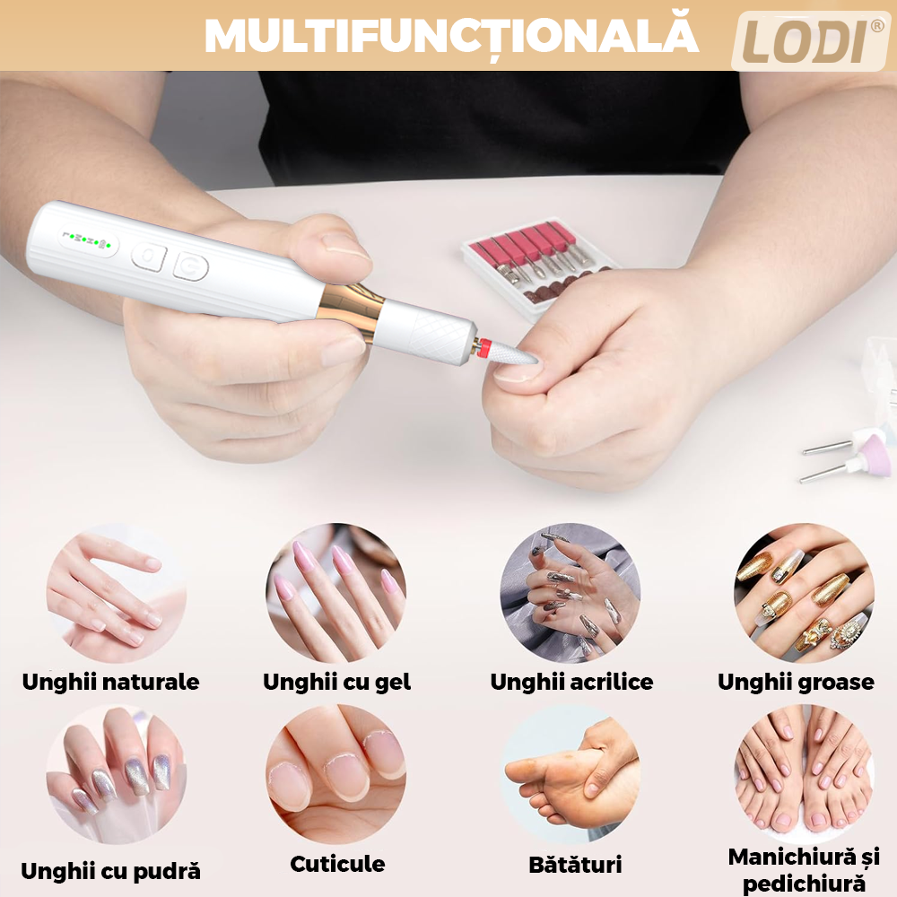 Pila Electrica Profesionala pentru Unghii Lodi1137, freza wireless, 18000 RPM, indicator led, manichiura-pedichiura, 12 capete pentru pila, 36 benzi de slefurie, portabila, alb