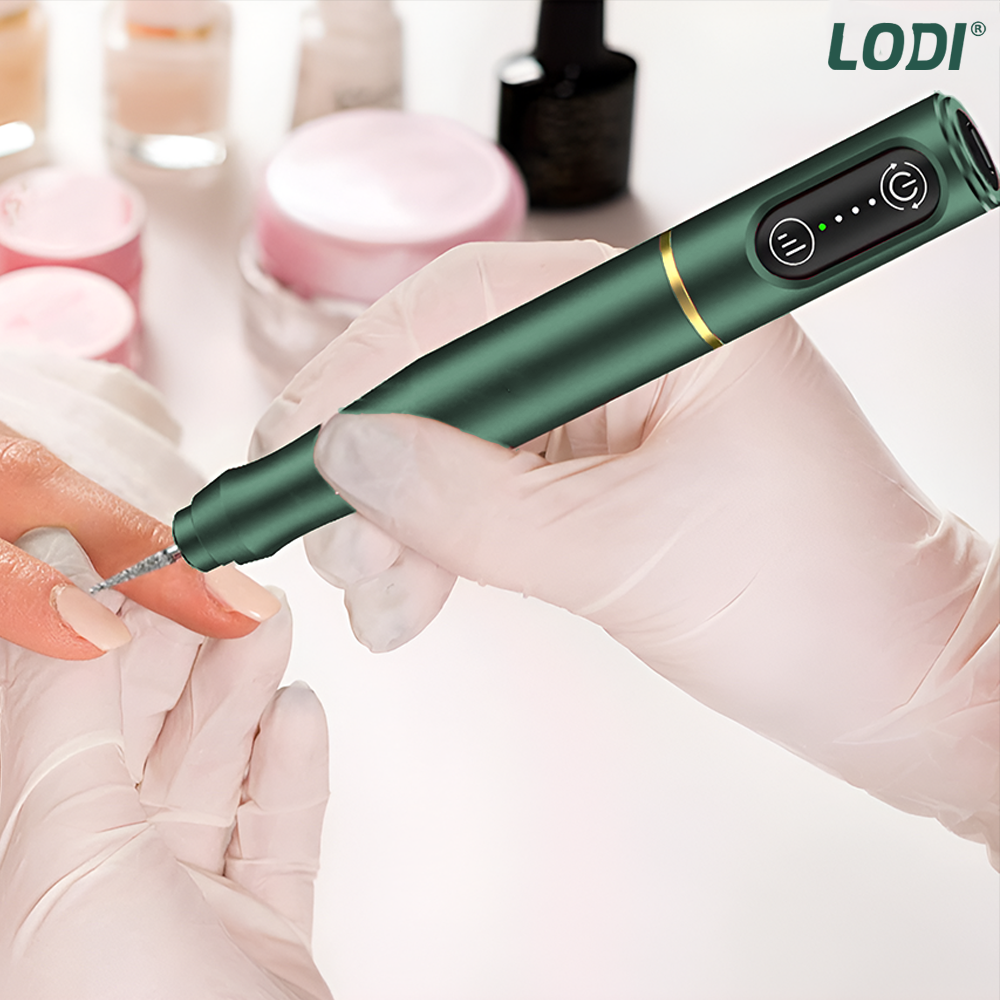 Pila Electrica Profesionala pentru Unghii Lodi1138, freza wireless, 18000 RPM, ecran LED, manichiura-pedichiura, 12 capete pentru pila, 36 benzi de slefurie, portabila, verde