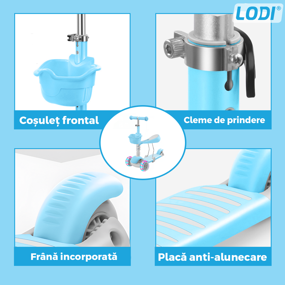Trotineta pentru Copii 2 in 1 Lodi1112, scaunel incorporat, lumini,3 roti, cosulet frontal, anti-aluncare, inaltime ajustabila, stabila, frana, incorporata, 3-11 ani, albastru