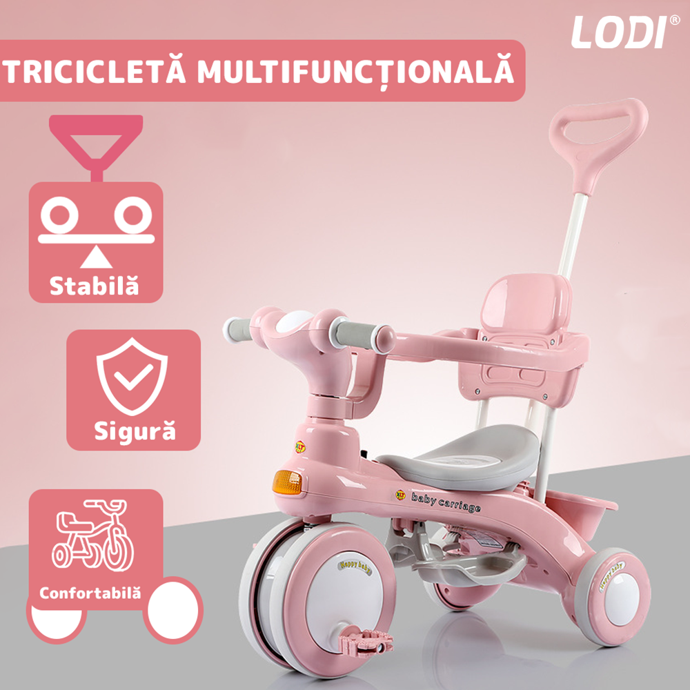 Tricicleta Multifunctionala Lodi1105, structura stabila, pedale anti-derapante, suport picioare, cosulet pe spate, spatar detasabil, parasolar, muzica incorporata, roz