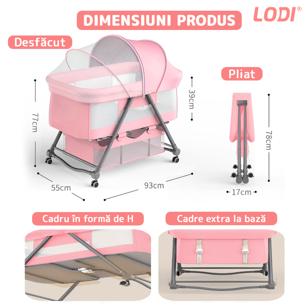 Patut Pliabil pentru Bebelusi Lodi1134, 3 trepte de inclinare, sistem de blocare, plasa anti-insecte, cos depozitare, roz deschis
