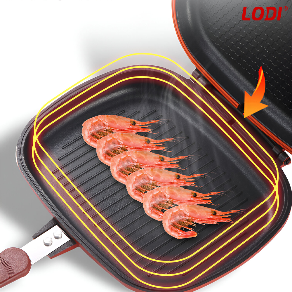 Tigaie Dubla cu Presiune Lodi1216, doua fete, pliabila, pluristratificata, invelis din ceramica, pentru griil sau gatit clasic, rosu/negru