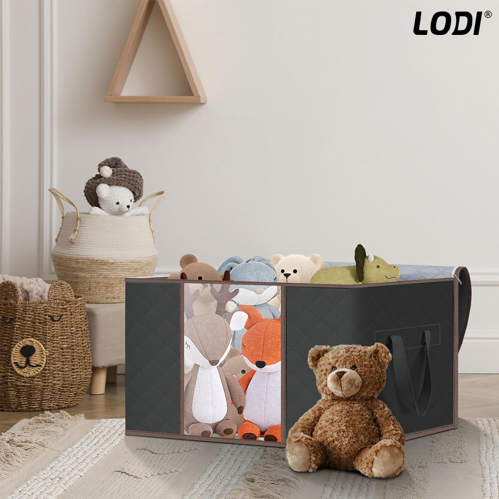 Set 3 Cutii pentru Depozitare si Organizare Mici Lodi1033, pliabile, maner ranforsat si fereastra transparenta, pentru haine/paturi/ plapumi/ perne/ lenjerii de pat/jucarii, 60 L, 46x48x28 cm, negru