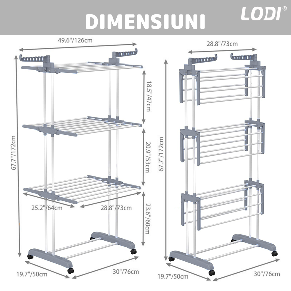 Uscator Vertical pentru Rufe si Haine Lodi1512, 3 niveluri, mobil, pliabil, pentru spatii mici, suport umerase, cadru rezistent, inaltime 175cm, gri