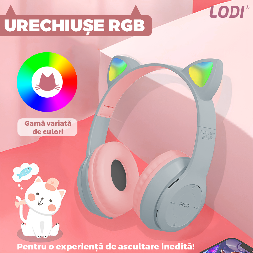 Casti Wireless Model Pisica Lodi953, P47M, overear, urechi de pisica cu iluminare RGB, bluetooth 5.0, handsfree, HiFi, bass stereo, gri/roz