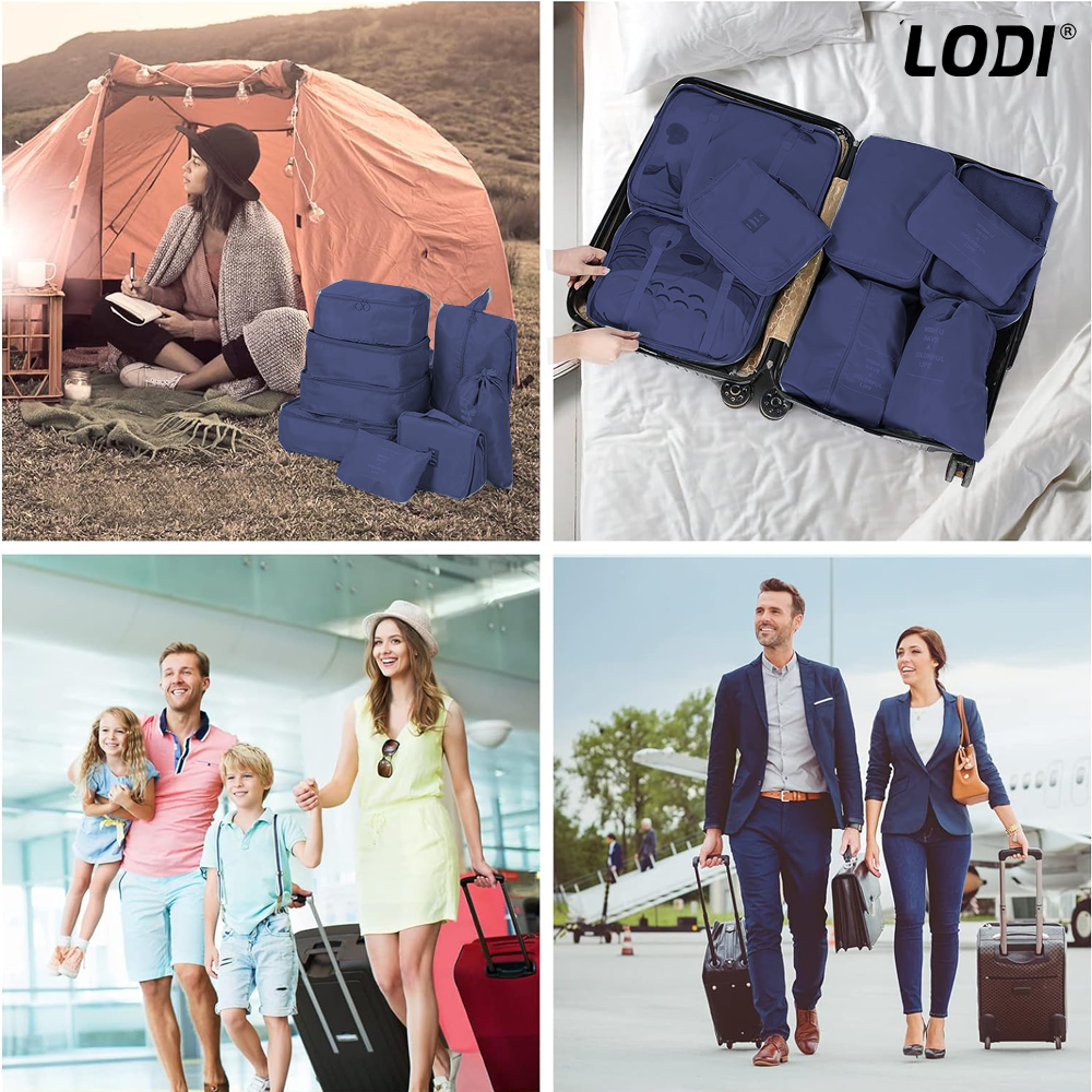 Set 8 Organizatoare Lodi672, pentru calatorie, diferite marimi, 3 genti cu plasa, 1 geanta pentru lenjerie, geanta pentru cosmetice, sac pentru hainele murdare, inchidere cu fermoar dublu, plasa, albastru inchis