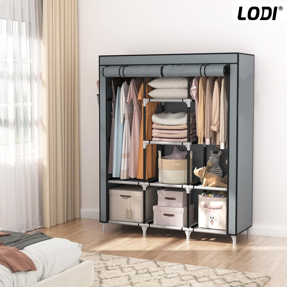 Dulap din Material Textil pentru Haine si Incaltaminte Lodi423, impermeabil, 8 rafturi, inchidere fermoar, suport umerase, cadru otel, 170 cm, gri