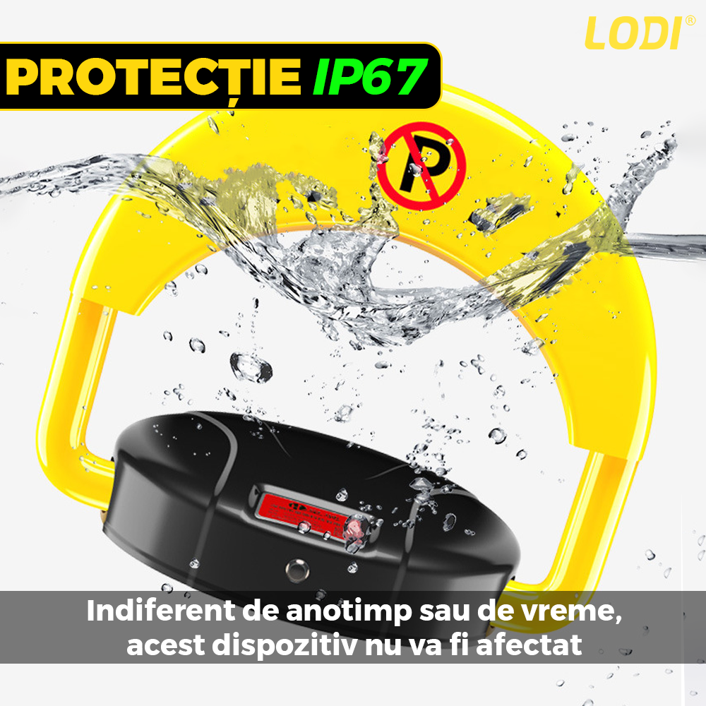 Blocator Parcare Automat Lodi1059, pentru loc parcare si alee, cu telecomanda si alarma, greutate suportata 2 tone, material rezistent, anti-rugina, alimentare la retea, negru/galben