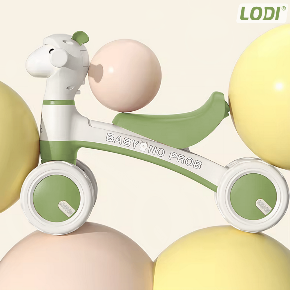 Bicicleta cu 4 Roti fara Pedale Oita Lodi1102, structura stabila, cap luminos, functie cu muzica, lansator de baloane incorporat, 80 x 58 x 51 cm, 1-3 ani, verde