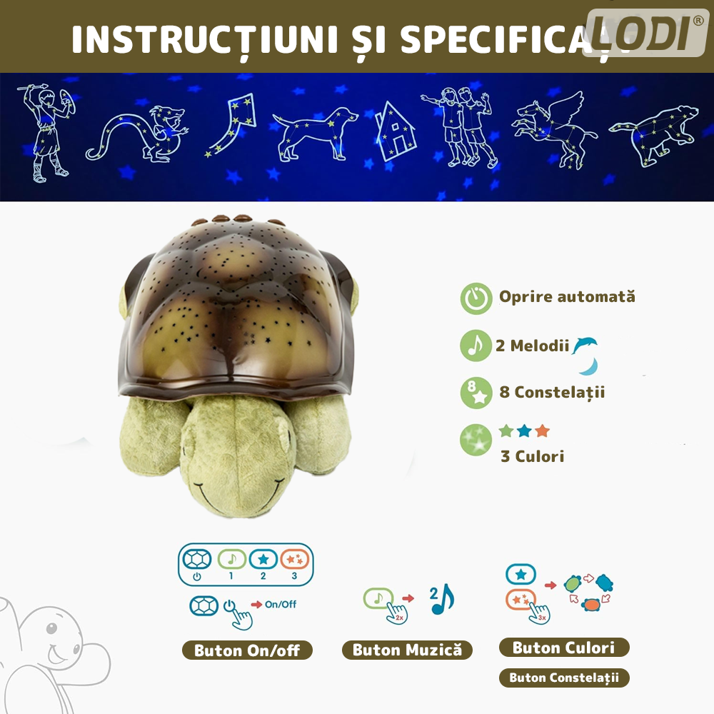 Lampa de Veghe Testoasa Lodi1415, proiector de lumini, 8 constelatii, lumina RBG, 2 cantece de adormit copiii, pufoasa si moale, mod inchidere automata, verde/maro