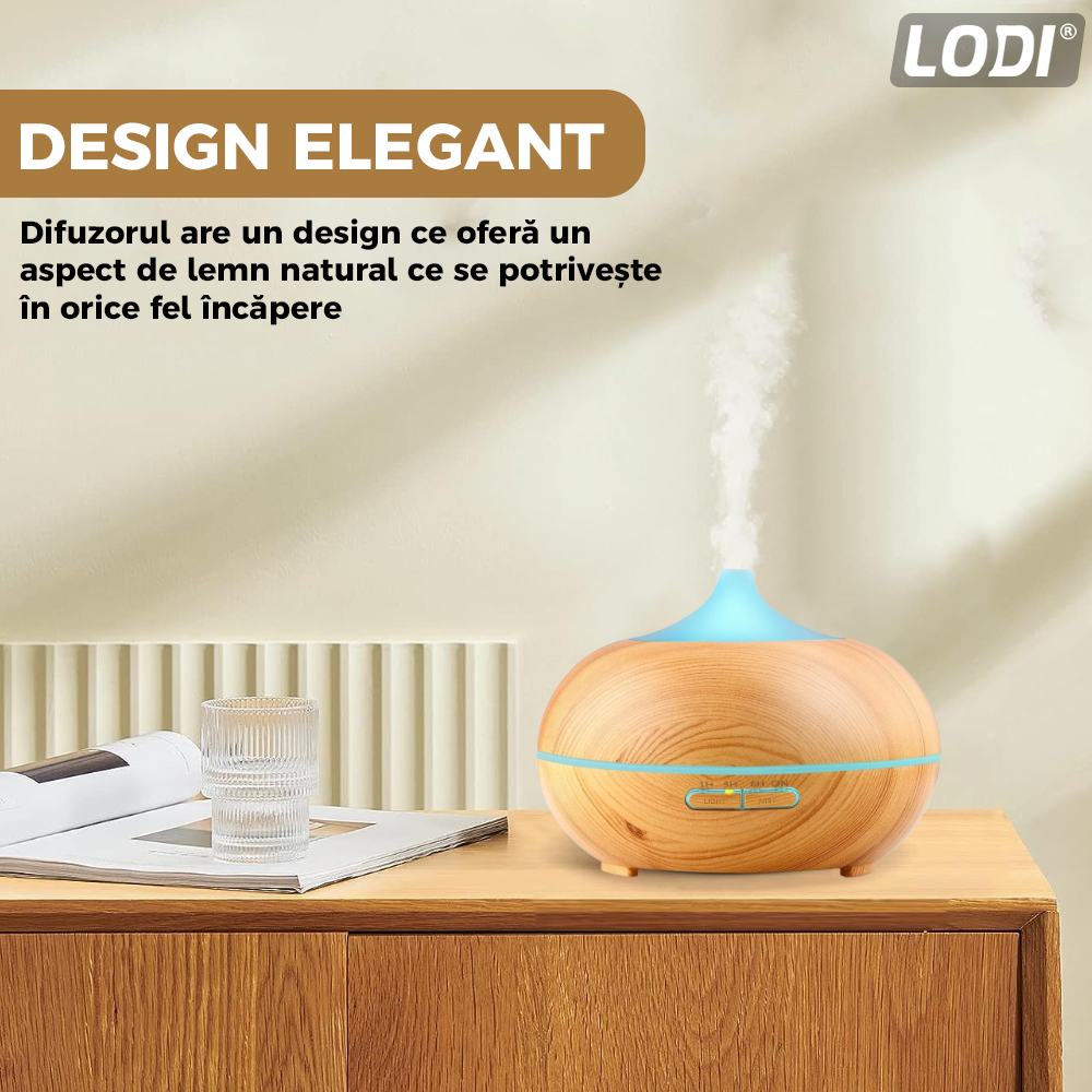Difuzor Aromaterapie Lodi213, 7 culori LED, 2 jocuri de lumini, control prin telecomanda, capacitate 500ml, silentios, umidifica aerul, stejar deschis