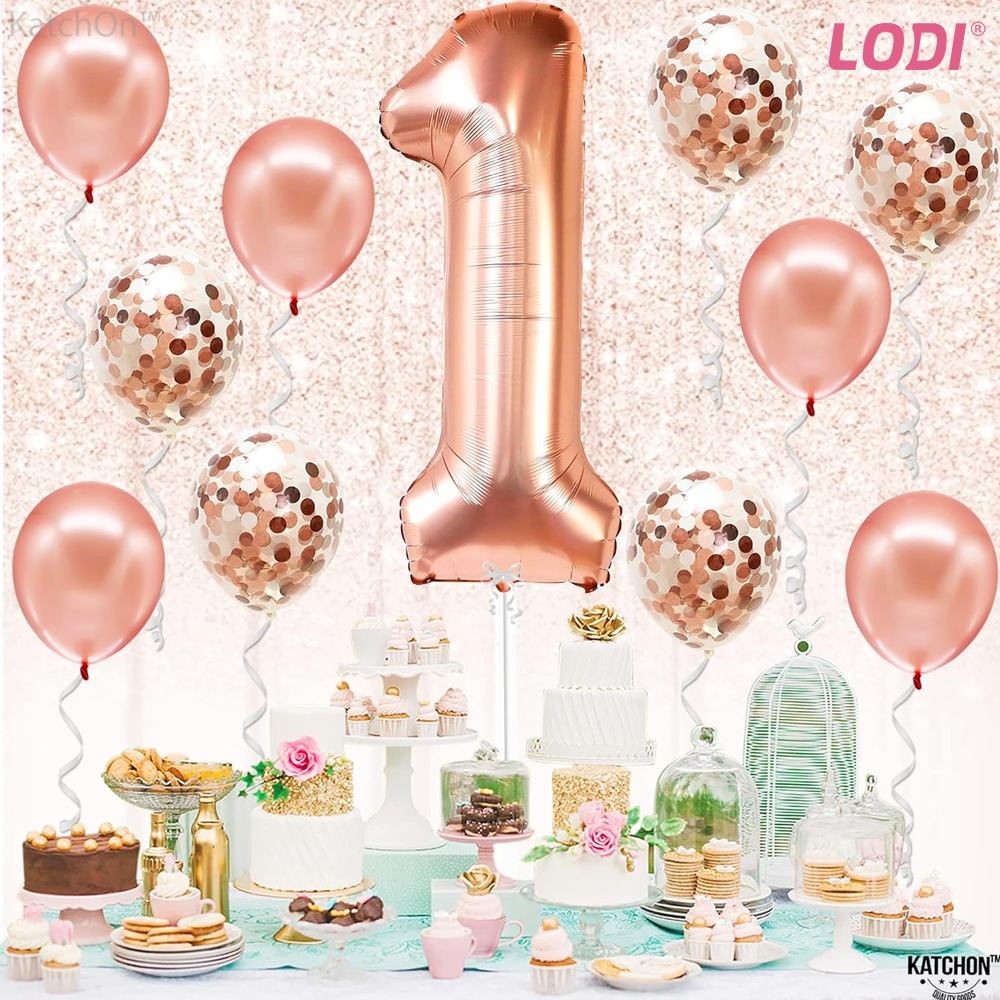 Set 12 Baloane Lodi1060, Cifra 1, pentru Petreceri/Aniversari/Evenimente, Stea/Rotunde/Confetti, 3 culori, latex, rose gold