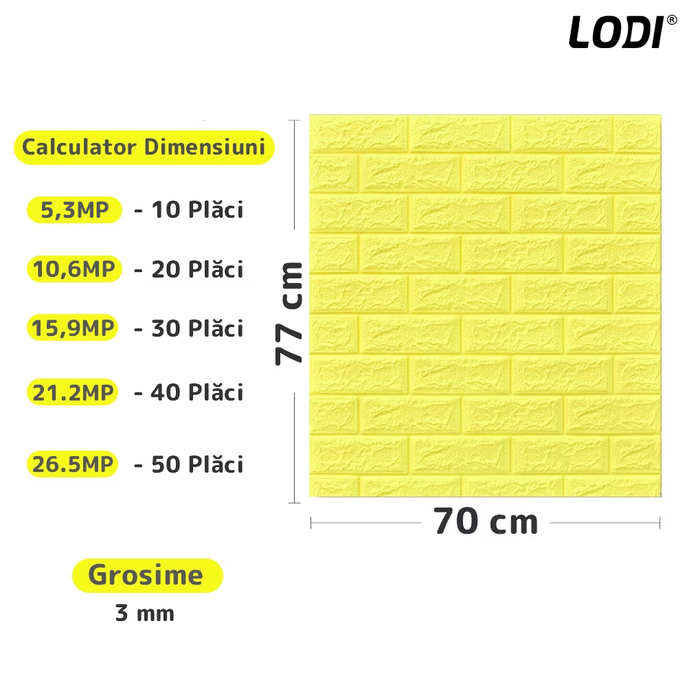 Set Tapet Caramida 3D Lodi55, suprafata acoperire 5.3 mp, autoadeziv, waterproof, usor de montat, design modern, 70x77 cm, galben