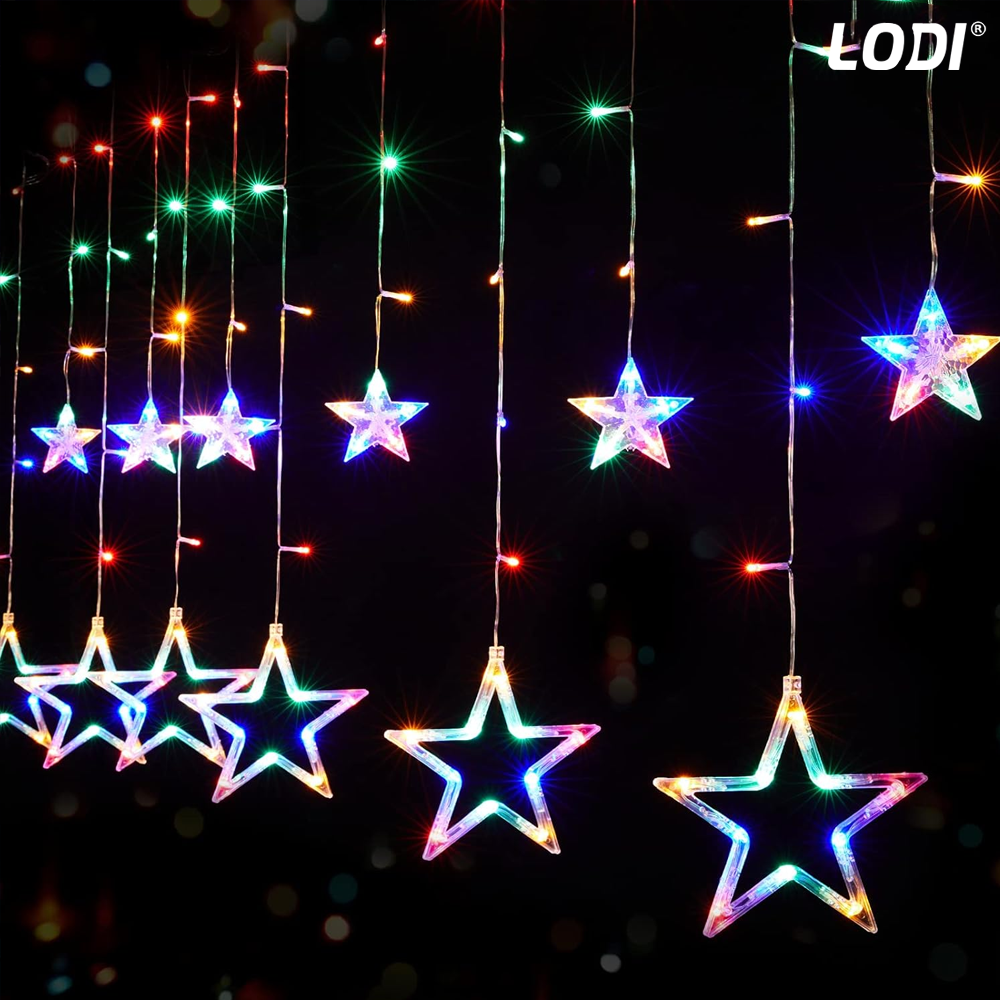 Instalatie de Craciun Tip Perdea Lodi1443, 3x3 m, model stelute, 8 jocuri de lumini, alimentare la priza, fir transparent, interior/exterior, rezistenta la apa, 12 figurine, multicolor