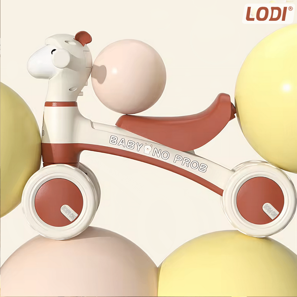 Bicicleta cu 4 Roti fara Pedale Oita Lodi1101, structura stabila, cap luminos, functie cu muzica, lansator de baloane incorporat, 80 x 58 x 51 cm, 1-3 ani, maro