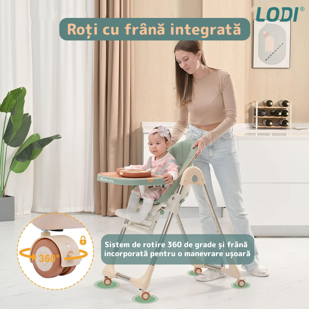 Scaun de Masa 3in1 pentru Bebelusi si Copii Lodi633, inaltime ajustabila, centura de siguranta in 5 puncte, tavita reglabila si detasabila, roti cu frana incorporata, verde smarald
