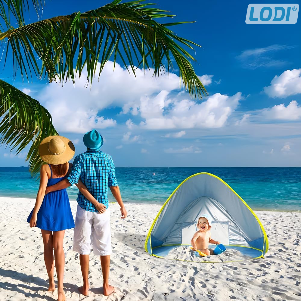 Cort Portabil de Vara pentru Bebelusi Lodi1097, adapost impermeabil pentru plaja, cu piscina, protectie UV si UPF 50+, multifunctional, 117x79x70 cm, albastru deschis