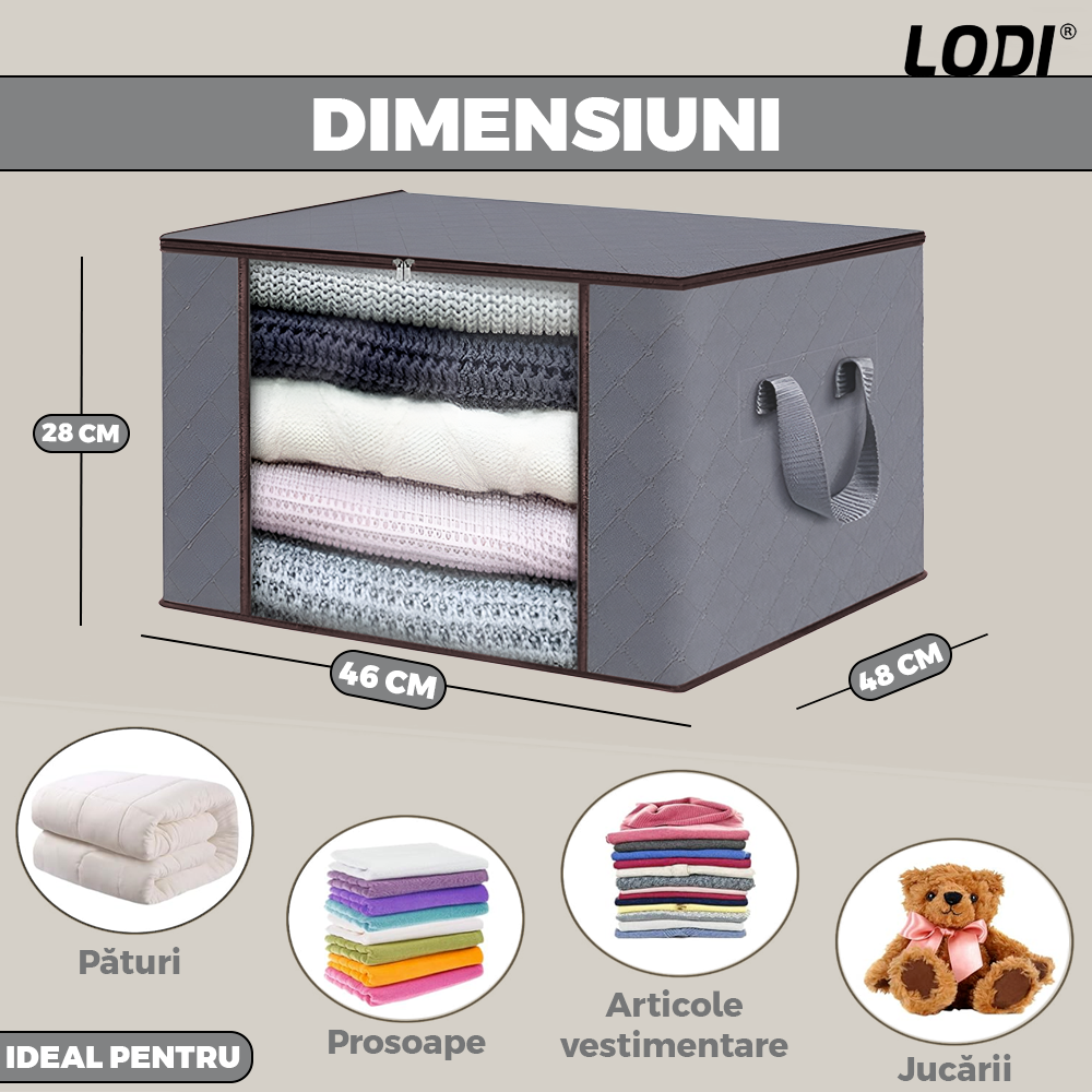 Cutie Depozitare si Organizare Mica Lodi1027, pliabila, maner ranforsat si fereastra transparenta, pentru haine/paturi/ plapumi/ perne/ lenjerii de pat/jucarii, 60 L, 46x 48x 28 cm, gri deschis