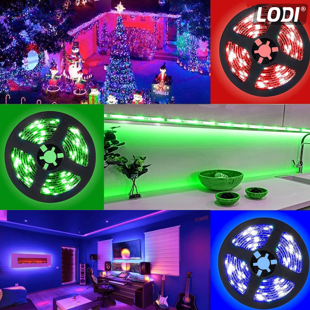 Kit Banda LED RGB Lodi414, inteligenta cu intensitate de lumina si culori reglabile, control prin telecomanda cu 24 taste, 5050RGB, utilizare exterior IP65, 10 m, multicolora