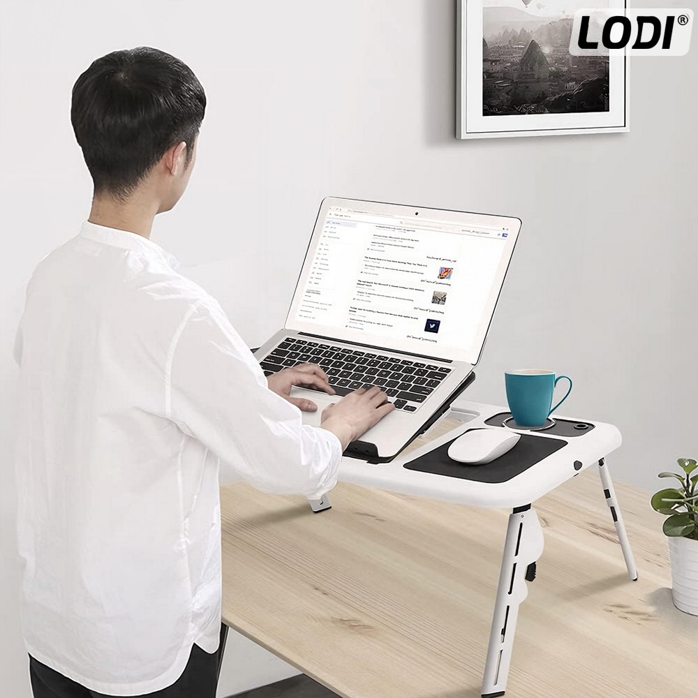 Masuta Universala Lodi1517, pliabila, pentru laptop/tableta/ mic dejun la pat, sistem cu fante de racire, suport pentru pahar, unghi reglabil, usor de depozitat, alb/negru