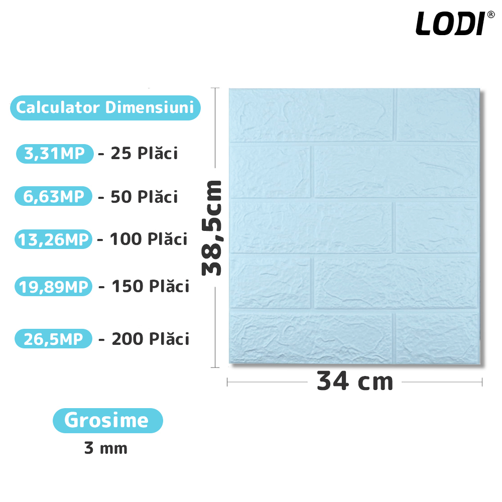 Set Tapet Mic Caramida 3D Lodi106, suprafata acoperire 3.31 mp, autoadeziv, waterproof, usor de montat, design modern, 38.5x34 cm, albastru