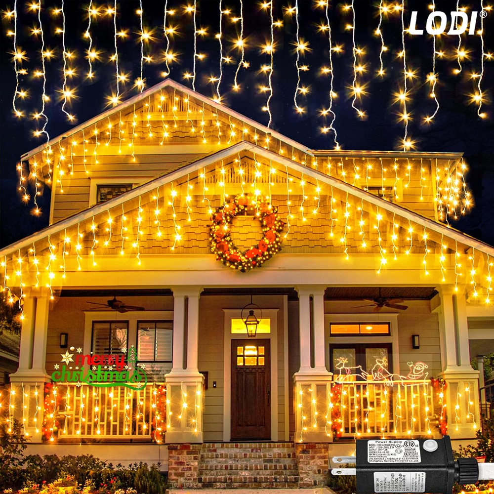 Instalatie de Craciun Perdea Lodi1439, 3x3 m, 8 jocuri de lumini, alimentare la priza, fir alb, interior/exterior, rezistenta la apa, 300 LED-uri, alb cald