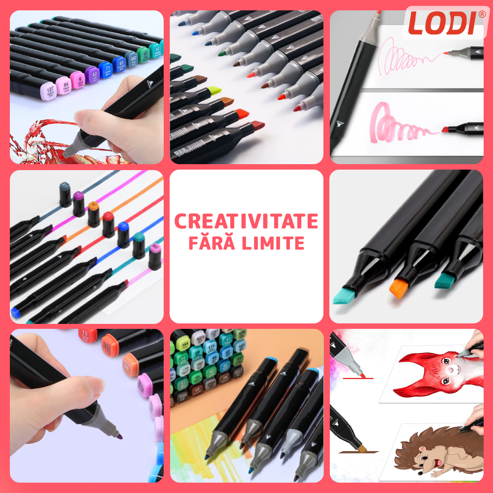 Set 80 Markere Lodi17, geanta de depozitare inclusa, 2 tipuri de varf, pe baza de alcool, culori intense, multicolor
