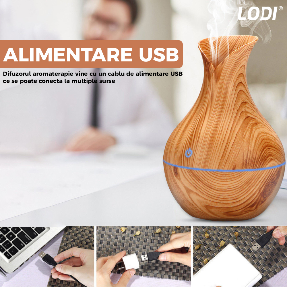 Difuzor Aromaterapie Lodi219, lumini ambientale, control tactil, capacitate 200ml, silentios, rezerva inclusa, alimentare USB, umidifica aerul, stejar deschis