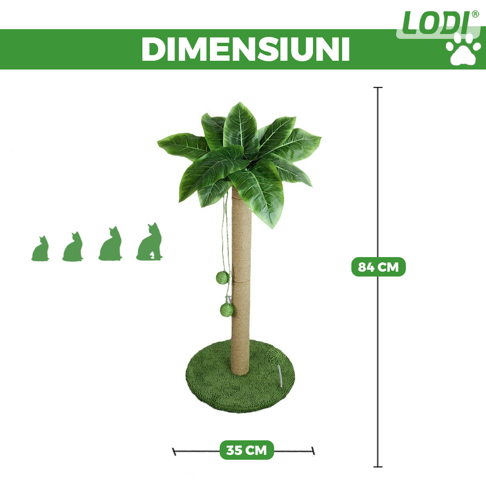 Ansamblu de Joaca pentru Pisici in Forma de Palmier Lodi1142, tip turn, 1 nivel, franghie si mingiute de joaca, stalpi pentru zgariat, captuseala extra moale, structura stabila, 85 cm, verde