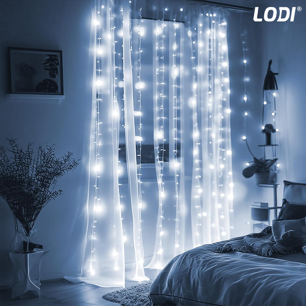 Instalatie de Craciun Perdea Lodi1440, 3x3 m, 8 jocuri de lumini, alimentare la priza, fir alb, interior/exterior, rezistenta la apa, 300 LED-uri, alb rece